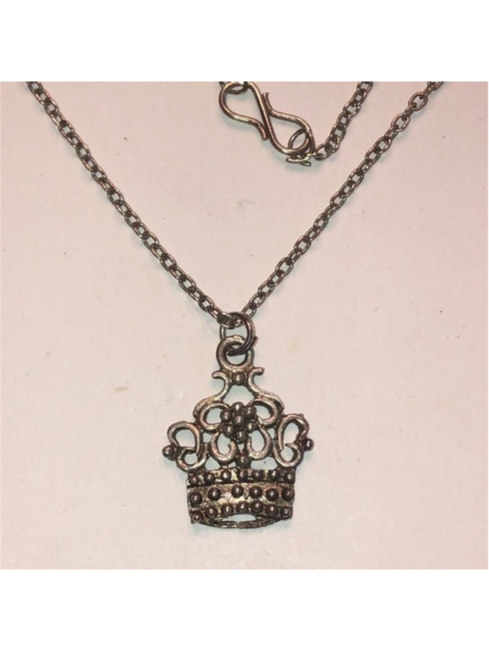 Vintage Silver Tone Crown Floral Pendant Necklace